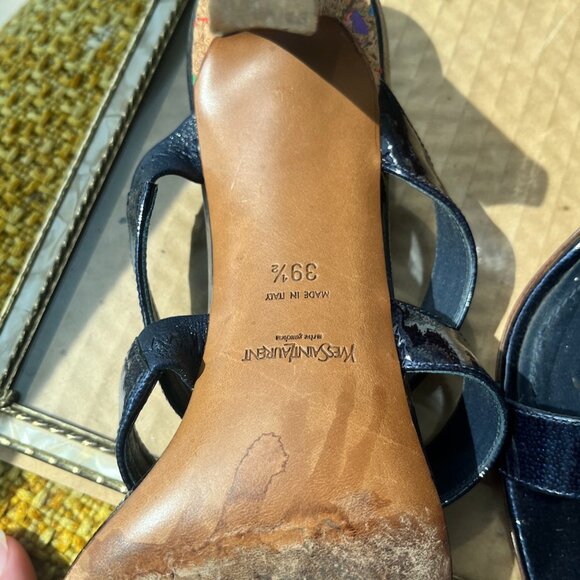 Yves Saint Laurent Navy Blue Patent Leather Cork Heel - Picture 2 of 4